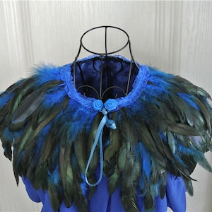 Puede incluir: Un collar de plumas azul y negro con ribete de encaje y un lazo azul. El collar está en un maniquí.