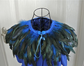 Royal blue feather cape feather jacket feather shawl rooster feather cape 3 ply