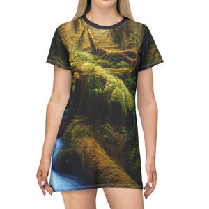 Washington State Nature-Inspired T-Shirt Dress, Forest Print Dress, Casual Outfit, Summer Dress, Eco-Friendly Fashion Gift for Nature Lovers