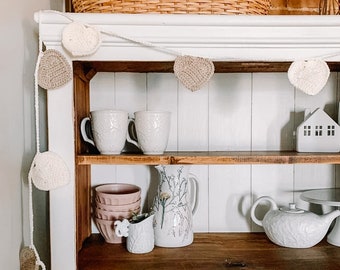 Neutral Valentine's Day Heart Garland | White & Tan Heart Bunting | Boho Heart Home Decor | Neutral Valentine's Day Tiered Tray Decor