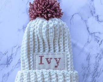 Monogrammed Toddler Pom Beanie | Custom Name Hat for kids | Handmade Monogram Winter Hat | Made to Order (6 week turnaround)