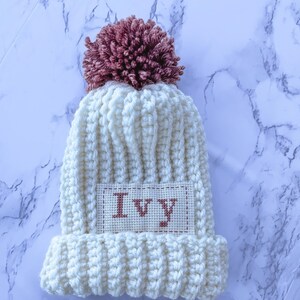Monogrammed Toddler Pom Beanie | Custom Name Hat for kids | Handmade Monogram Winter Hat | Made to Order (6 week turnaround)