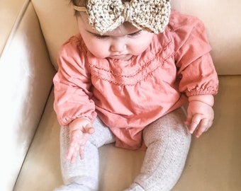 Crochet Baby Bow Headband | Pinot, Oatmeal, Red, Gray Crochet Baby Hair Bow | Three Sheep Shack