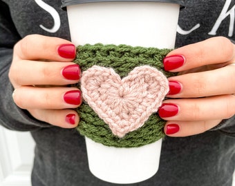 Crochet Olive Heart Coffee Sleeve | Valentine’s Day Olive & Blush Heart Coffee Sleeve | Valentine’s Day Coffee Cozy Gift