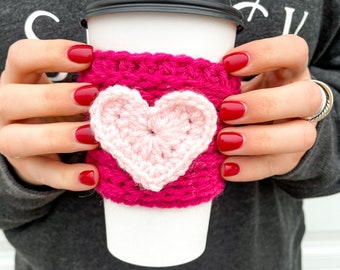 Crochet Fuchsia Pink Heart Coffee Sleeve | Valentine’s Day Pink & Blush Heart Coffee Sleeve | Valentine’s Day Coffee Cozy Gift