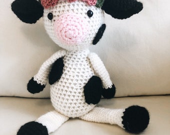 Crochet Stuffed Cow with Flower Crown | Baby Shower Cow Gift | Cow Gift for Farm Girl | Made To Order (2 week turnaround)