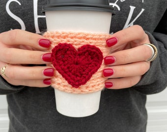 Crochet Peach Heart Coffee Sleeve | Valentine’s Day Peach & Red Heart Coffee Sleeve | Valentine’s Day Coffee Beverage Holder