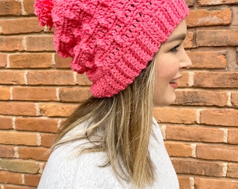 Hot Pink Textured Pom Beanie | Spring Day Hot Pink Crochet Beanie | Pink Adult Slouchy Warm Winter Hat with Pom Pom