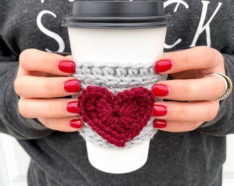 Crochet Gray Heart Coffee Sleeve | Valentine’s Day Gray & Burgundy Heart Coffee Sleeve | Valentine’s Day Coffee Beverage Holder