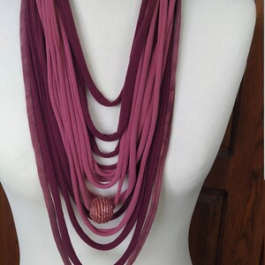 Only 1 piece. Upcycled t-shirt scarf: Dirty pink and brown shades with beads pendant[44]