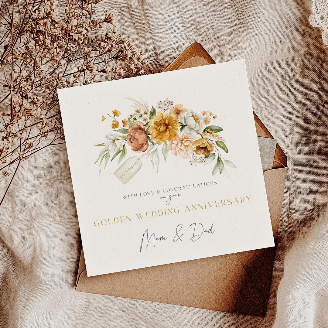 Hunts England - Tarjeta De 50 Aniversario De Boda - Feliz Aniversario De Oro - 50 Años - Colección De Corazones De Plata - Para Parejas, Amigos, él, Ella