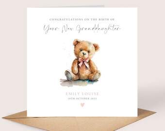 New Granddaughter Card, Personalised New Baby Card, Birth of a Granddaughter, New Grandparents Card