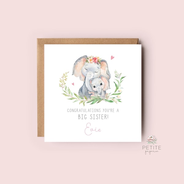 Personalised Big Sister Card, Big Brother Card, Big Sister Card, Baby Elephant Big Sister Big Brother Card