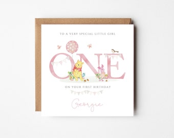 Daughter First Birthday Card, Personalised Girl's 1st Birthday Card, Winnie The Pooh Card, Granddaughter Card, Niece Card, Goddaughter Card