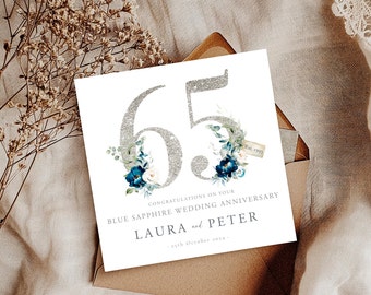 Blue Sapphire Wedding Anniversary Card, 65th Wedding Anniversary Card, 65 Years Married Card, 65th Anniversary
