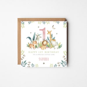 Personalised Jungle 1st Birthday Card, Safari Animals Birthday Card 1st Birthday, Jungle Animal 1st Birthday, Girl's 1st Birthday