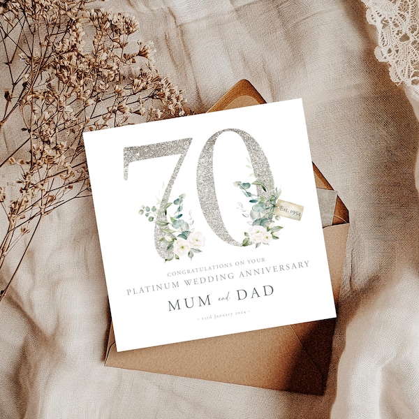 Tarjeta de aniversario de boda de platino, tarjeta de 70 aniversario, tarjeta de boda de platino, tarjeta de matrimonio de 70 años