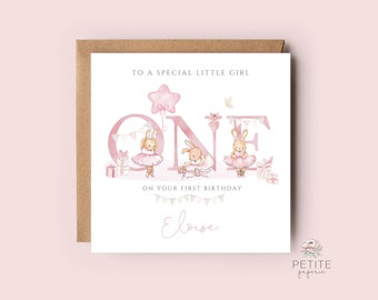 Daughter First Birthday Card, Personalised Girl's 1st Birthday Card, Bunny Ballerina Card, Granddaughter Card, Age One Card