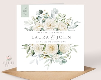 Wedding Card, Personalised Wedding Card, White Floral Wedding Card, Custom Wedding Day Card, Neutral Wedding Card