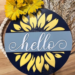 Colgador de puerta con texto &quot;Hola&quot;, letrero de bienvenida, girasoles, saludo