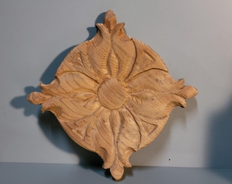 Hand Carved Redwood Rosette: 6.5" Square Wood Onlay Applique