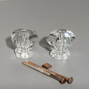 Antique Clear Glass Cabinet Knobs - Hexagon Drawer Pulls - Set of 2