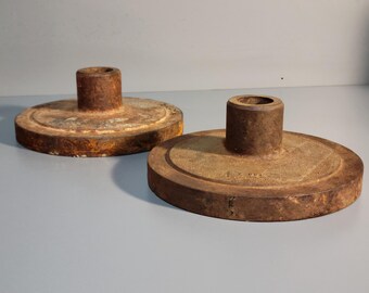 Industrial Salvage Found Object Artist Supply Two 6 inch Round Heavy Steel Sculpture Base Stand Cast Iron Patina