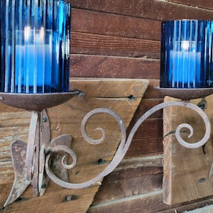 Hand Forged Iron Candle Sconce with Blue Votive & Redwood Barn Board