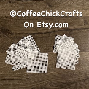 May include: A close-up of two stacks of white plastic canvas squares. The squares are approximately 4 inches by 4 inches. The text "@CoffeeChickCrafts On Etsy.com" is visible in the top left corner of the image.