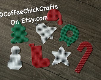 Plastic Canvas Christmas Ornament Cutouts: Tree, Santa, Snowman, Stocking, Star