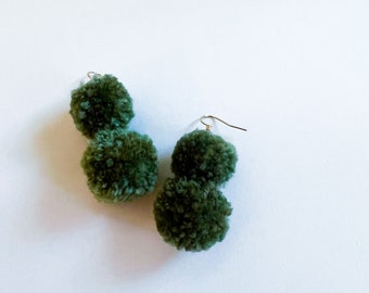 Fall / Winter Forest Green Stacked Pom Pom Earrings