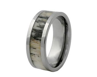 Deer Antler Ring Set In Tungsten Carbide,  Mens Tungsten Ring