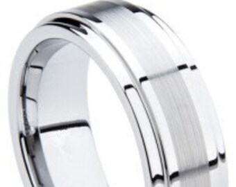 Mens Tungsten Ring With Beveled Edges and Brushed Line