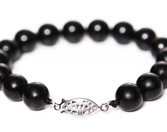 Black Onyx 10mm Round Beaded Gemstone Bracelet with 925 Sterling Silver Clasp