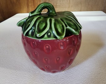 Vintage Sugar Bowl with Lid Ceramic Strawberry Red and Green Small Fruit