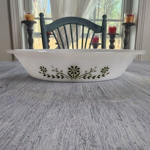 Vintage Glasbake Green Crazy Daisy Divided Casserole Dish J2352 Oval 1960s White Milk Glass