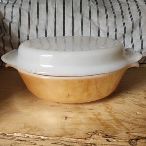 Vintage Anchor Hocking Fire King 433 Ovenware Oval Casserole Dish with Lid Peach Lustre Baking Pan Shimmer Orange Luster Swirl Set 1950s