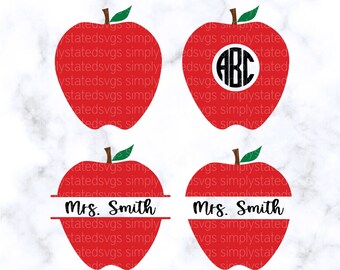 May include: Four red apple-shaped designs with green stems and leaves. The first two apples have white text that says "statedsvgs simply" and the second two apples have white text that says "svgs simplystated". The first apple has no other design. The second apple has a black circle with white text that says "ABC". The third apple has a white horizontal line with black text that says "Mrs. Smith". The fourth apple has a white horizontal line with black text that says "Mrs. Smith".