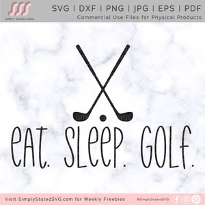 Op de afbeelding: Zwart-wit grafisch ontwerp met twee gekruiste golfclubs en een golfbal. De tekst "Eat. Sleep. Golf." staat onder de clubs.