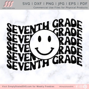 May include: Black and white graphic design featuring the text "SEVENTH GRADE" repeated in a wavy pattern with a smiley face in the center.