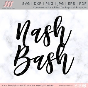 May include: Black and white text graphic design with the words "Nash Bash" in a cursive font.