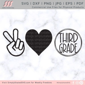 Paz Amor Tercer grado SVG 3er grado PNG Retro Tercer grado Camisa SVG Regreso a la escuela Camisa Silueta cortar archivos Cricut cortar archivos png pdf eps