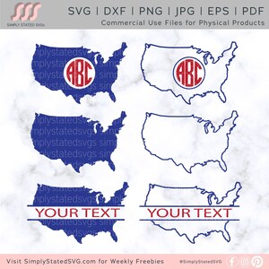 May include: Four variations of a blue outline of the United States of America. The first two variations include a red circle with the letters "ABC" inside. The third and fourth variations include a red horizontal line with the text "YOUR TEXT" in white.