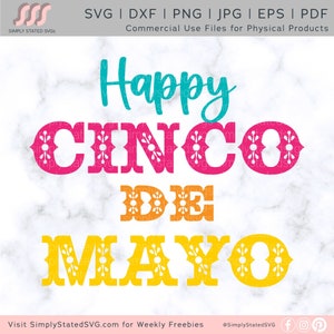 May include: A colorful graphic design with the text "Happy Cinco de Mayo" in a festive font. The letters are outlined with a decorative floral pattern.