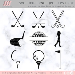 Paquete SVG de golf Nombre de golf SVG Pelota de golf y camiseta SVG Golfista svg Palos de golf svg Bandera de golf svg Archivo de corte Cricut Silueta dxf jpg eps pdf png.