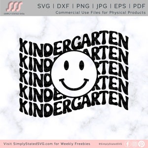 May include: Black and white graphic design featuring the word "Kindergarten" repeated in a wavy pattern with a smiley face in the center.