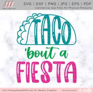 May include: A teal blue taco graphic with the word "TACO" inside. Below the taco is the text "'bout a FIESTA" in pink.
