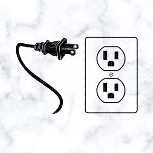 May include: A black digital graphic featuring a two-pronged electrical plug with a cord and a rectangular wall outlet with two sockets. The text at the top reads SVG | DXF | PNG | JPG | EPS | PDF and Commercial Use Files for Physical Products.