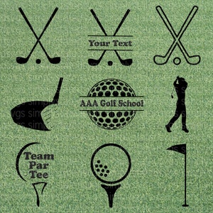 May include: Nine black and white golf-themed designs on a green background. The designs include crossed golf clubs, a golf ball, a golfer, a golf tee, and the text "Your Text", "AAA Golf School", and "Team Par Tee".