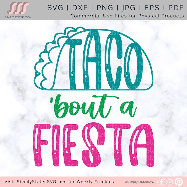 May include: A teal blue taco graphic with the word "TACO" inside. Below the taco is the text "'bout a FIESTA" in pink.
